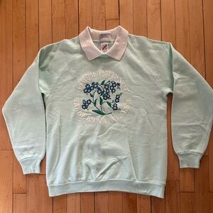 Light Blue Floral Screen Printed Women's Sweatshirt with Collar